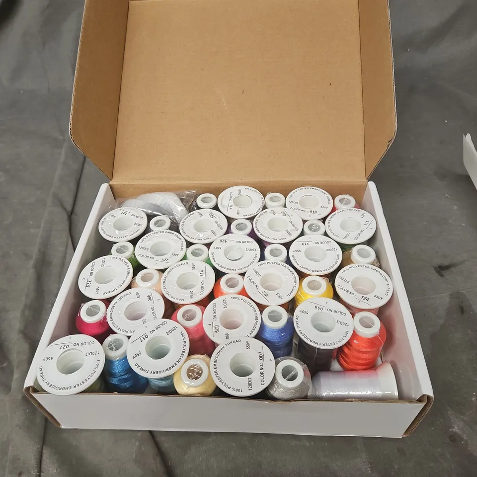 APPROXIMATELY 35 COLOUR SET PREMIUM QUALITY EMBROIDERY THREAD, ASSORTED COLOURS. BOXED