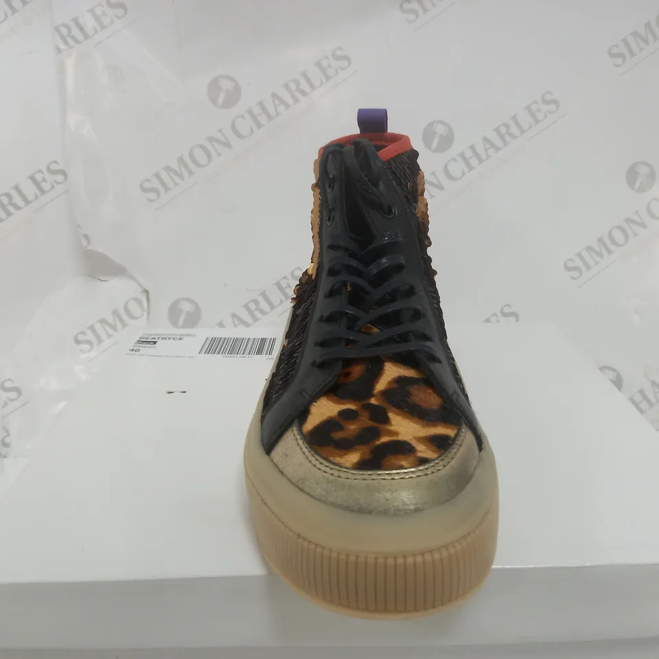 BOXED PAIR OF MODA IN PELLE BEATRYCE HIGH TOP TRAINERS IN LEOPARD PRINT DESIGN EU SIZE 40