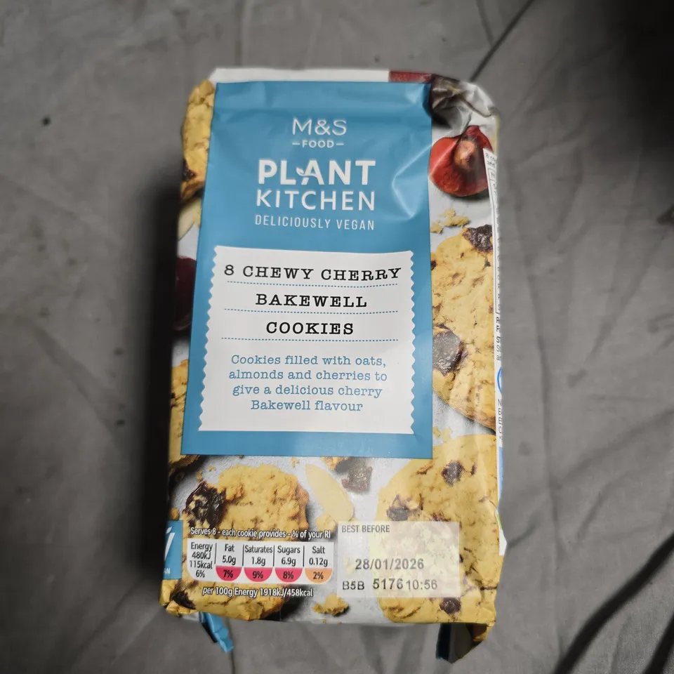 BOX OF APPROXIMATELY 15 ASSORTED FOOD ITEMS INCLUDING GALAXY CHOCOLATE BAR  PORK CRACKLING M&S CHERRY BAKEWELL COOKIES 