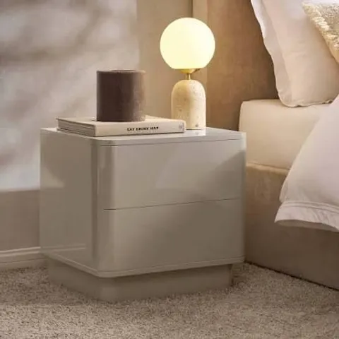 BOXED DUSK ROMILLY HIGH GLOSS 2 DRAWER BEDSIDE TABLE - TAUPE
