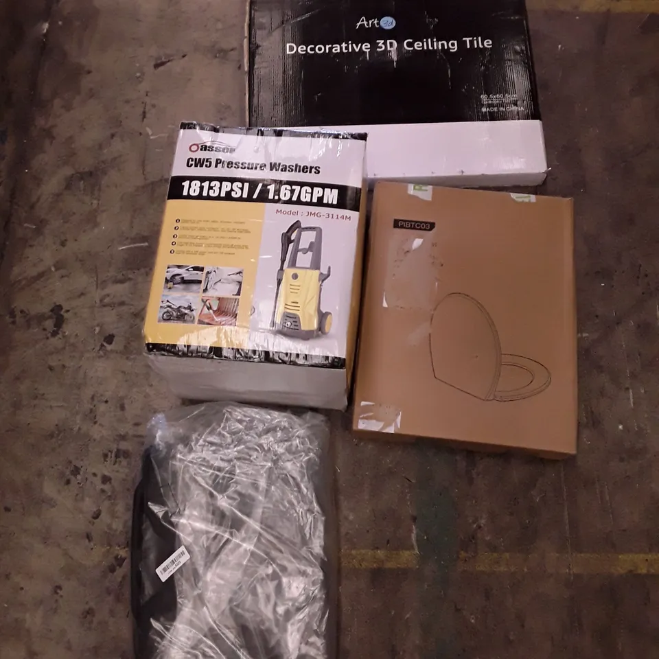 PALLET OF ASSORTED PRODUCTS TO INCLUDE; OASSER PRESSURE WASHER - TOILET SEAT - DECORATIVE 3D CEILING TILE ECT