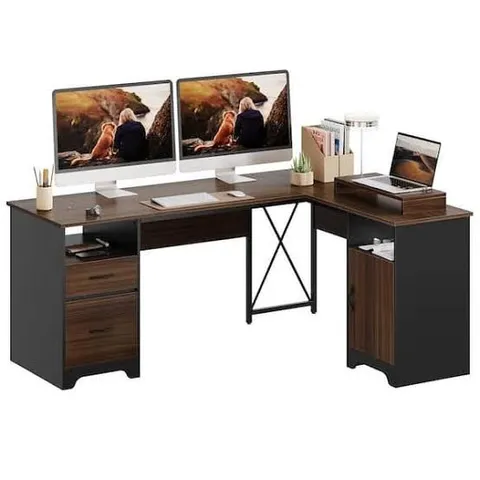 BOXED BESTIER 63 IN. RECTANGULAR CHERRY 2-DRAWERS L SHAPED COMPUTER DESK STORAGE CABINET AND 2-OPEN STORAGE