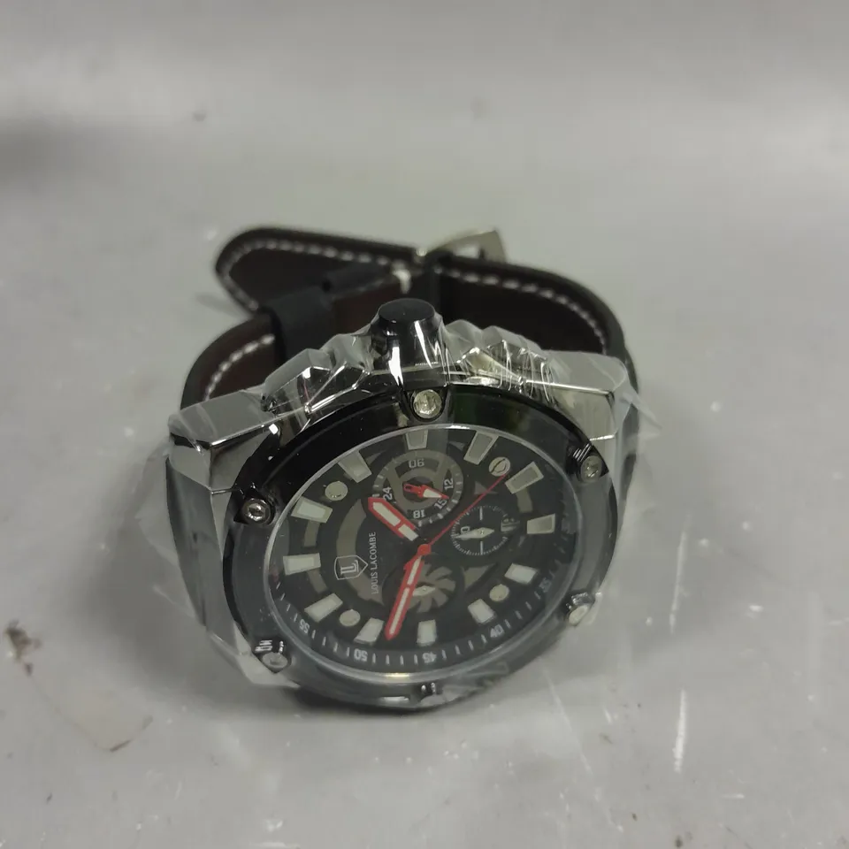 MENS LOUIS LACOMBE CHRONGRAPH WATCH – 3 SUB DIALS – SILVER COLOUR CASE – LEATHER STRAP