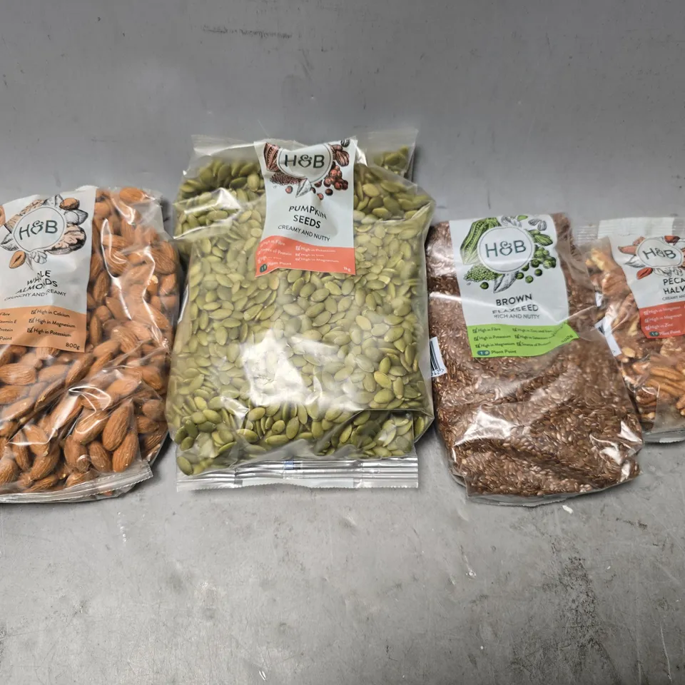 APPROXIMATELY 6 ASSORTED FOOD ITEMS TO INCLUDE - H&B PUMPKING SEED , H&B PECAN HALVES , H&B BROWN FLAXSEED ETC
