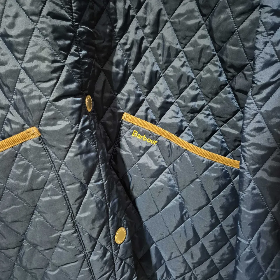 BARBOUR LIDDESDALE QUILTED JACKET – NAVY WITH MUSTARD TRIM, UK 30