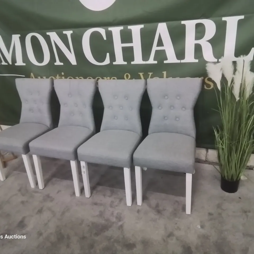 SET OF FOUR BEWLEY UPHOLSTERED BUTTONED BACK DINING CHAIRS LIGHT GREY FABRIC WHITE LEGS