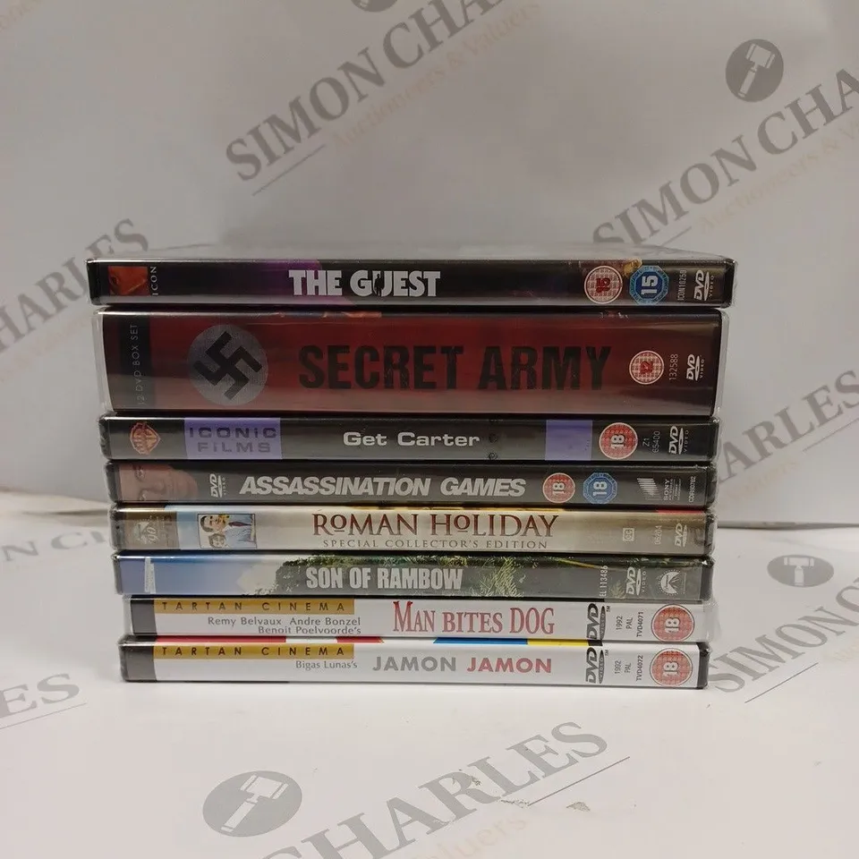 BOX OF APPROX 8 DVD'S TO INCLUDE SECRET ARMY, THE GUEST, GET CARTER, ETC. 