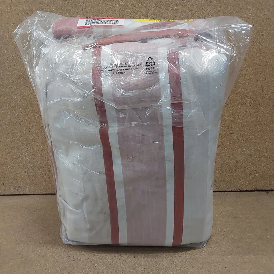 BAGGED AWNING STRIPE COTTON BLACKOUT GROMMET / EYELET CURTAIN PAIR - CRIMSON // SIZE: 88 X 90"