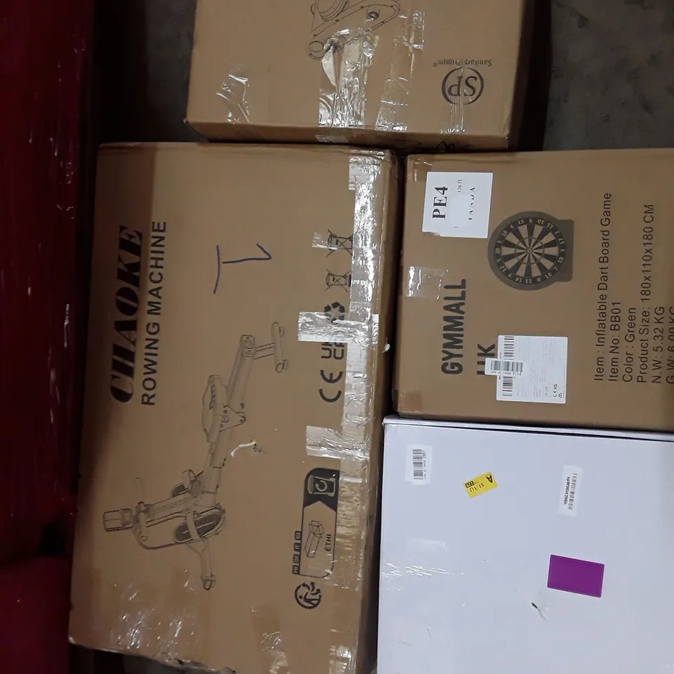 PALLET TO CONTAIN AN ASSORTMENT OF HOUSEHOLD ITEMS TO INCLUDE THERMOSTATIC SHOWER MIXER, INFLATABLE DARTBOARD GAME, SANITARY WATER PUMP AND ROWING MACHINE ECT