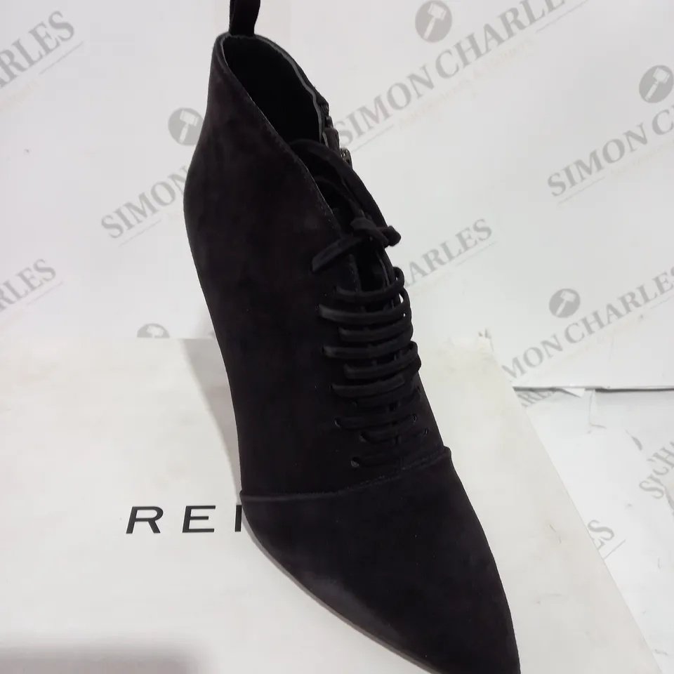 BOXED REISS SUEDE CHOCOLATE BOOT HEELS - SIZE 6