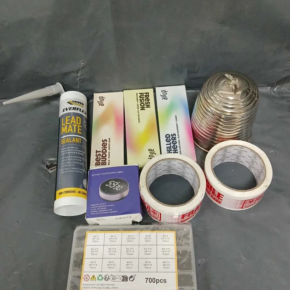 TOTE OF ASSORTED HOUSEHOLD ITEMS TO INCLUDE AIR UP, SEALANT AND TAPE