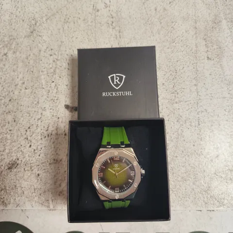 RUCKSTUHL WRISTWATCH – STAINLESS STEEL OCTAGONAL CASE WITH GREEN SILICONE STRAP (BOXED)
