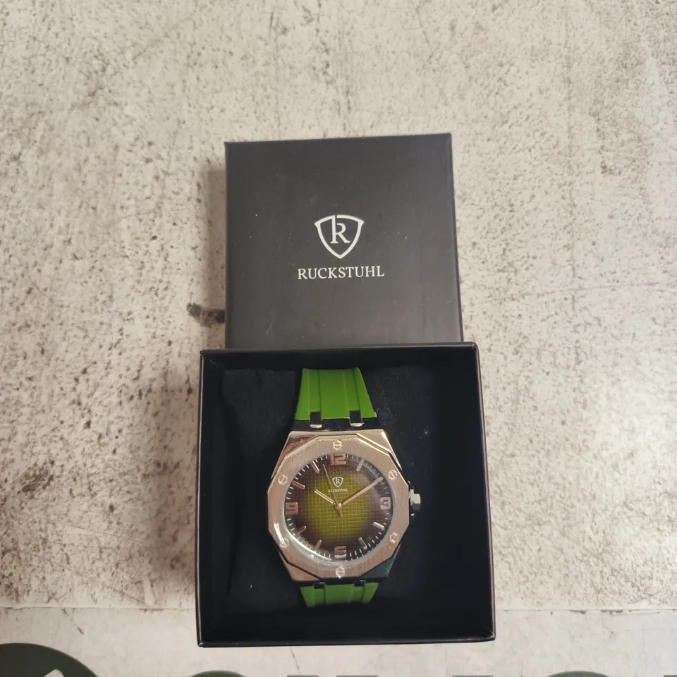 RUCKSTUHL WRISTWATCH – STAINLESS STEEL OCTAGONAL CASE WITH GREEN SILICONE STRAP (BOXED)