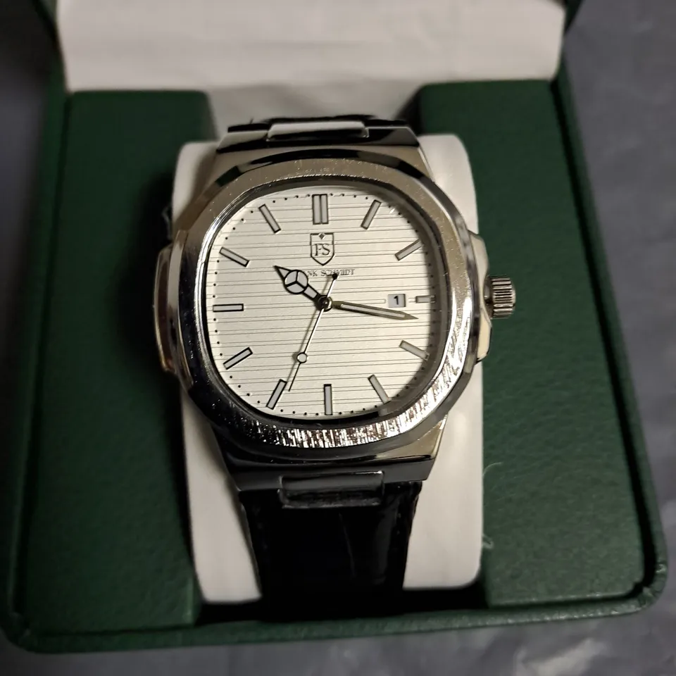 FRANK SCHMIDT WHITE DIAL GENTS WATCH WITH BLACK LEATHER STRAP