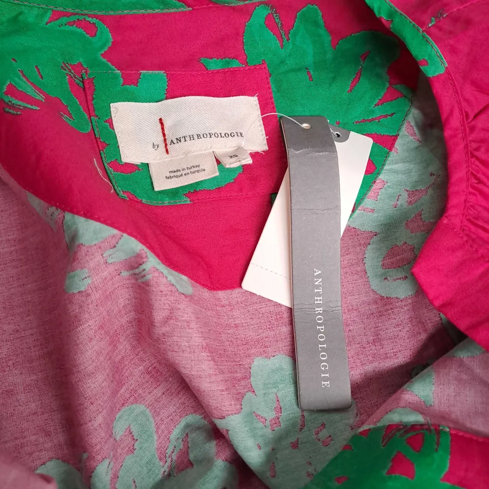 ANTHROPOLOGIE FLORAL V-NECK DRESS IN PINK/GREEN - XS