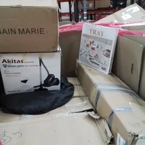 PALLET CONTAINING VARIOUS ASSORTED BOXED HOUSEHOLD ITEMS TO INCLUDE: CEILING LIGHTS, VACUUM CLEANER, BAIN MARIE, CAMPING COT, POP UP TENT AND LOTS MORE UNMARKED BOXED ITEMS
