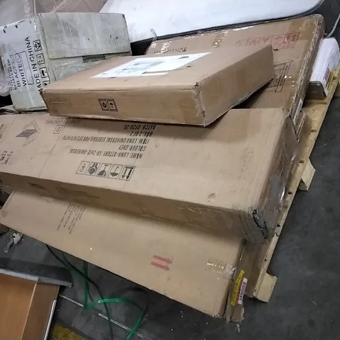 PALLET OF ASSORTED FLAT PACK FURNITURE PARTS INCLUDING BED PARTS, RADIATOR COVER AND DESK SET
