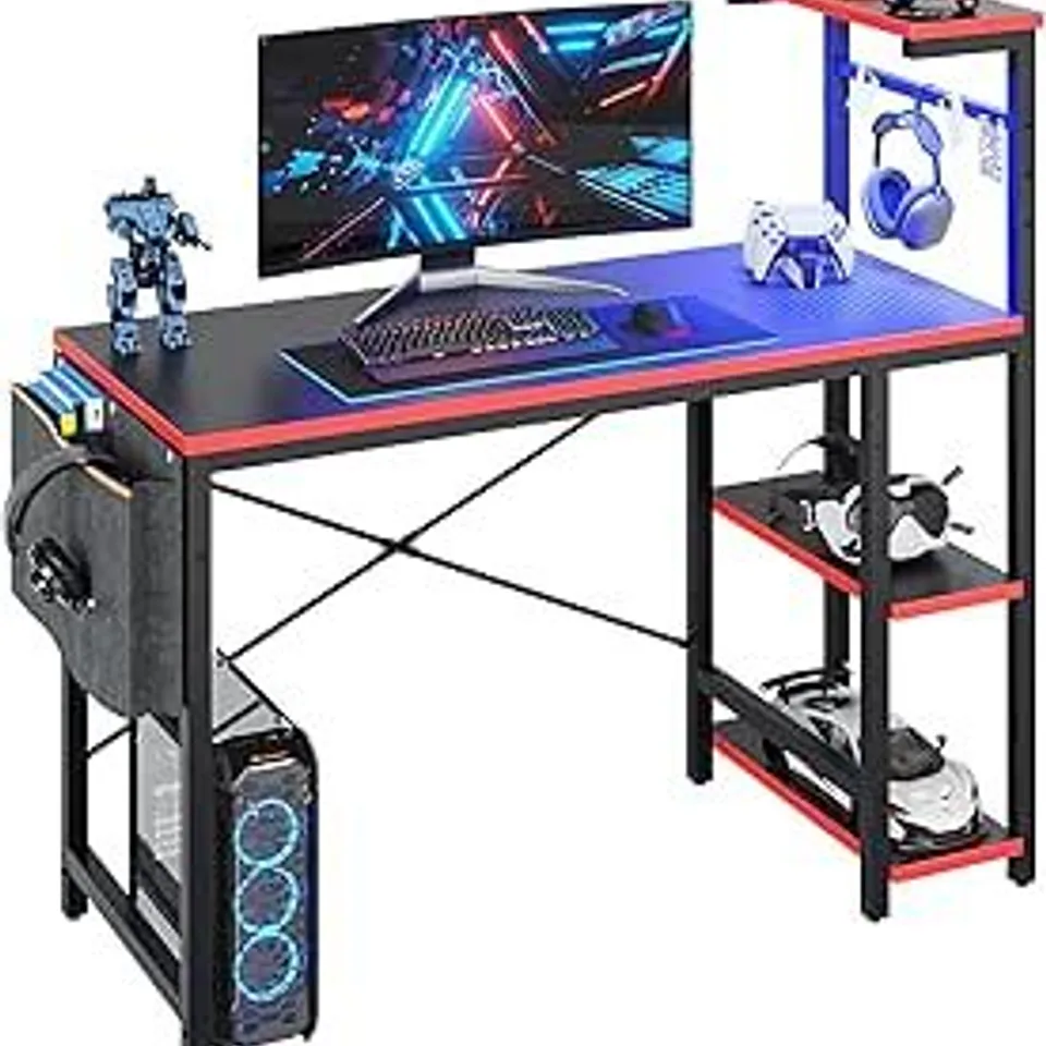 BOXED BESTIER 113CM REVERSIBLE CORNER GAMING DESK WITH RGB LED LIGHTS - BLACK CARBON FIBRE (1 BOX)