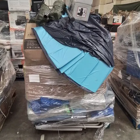 PALLET CONTAINING VARIOUS ELECTRICAL ITEMS AND HOUSEHOLD PRODUCTS TO INCLUDE; SUITCASE,YOGA MATS,PARASOL BASE