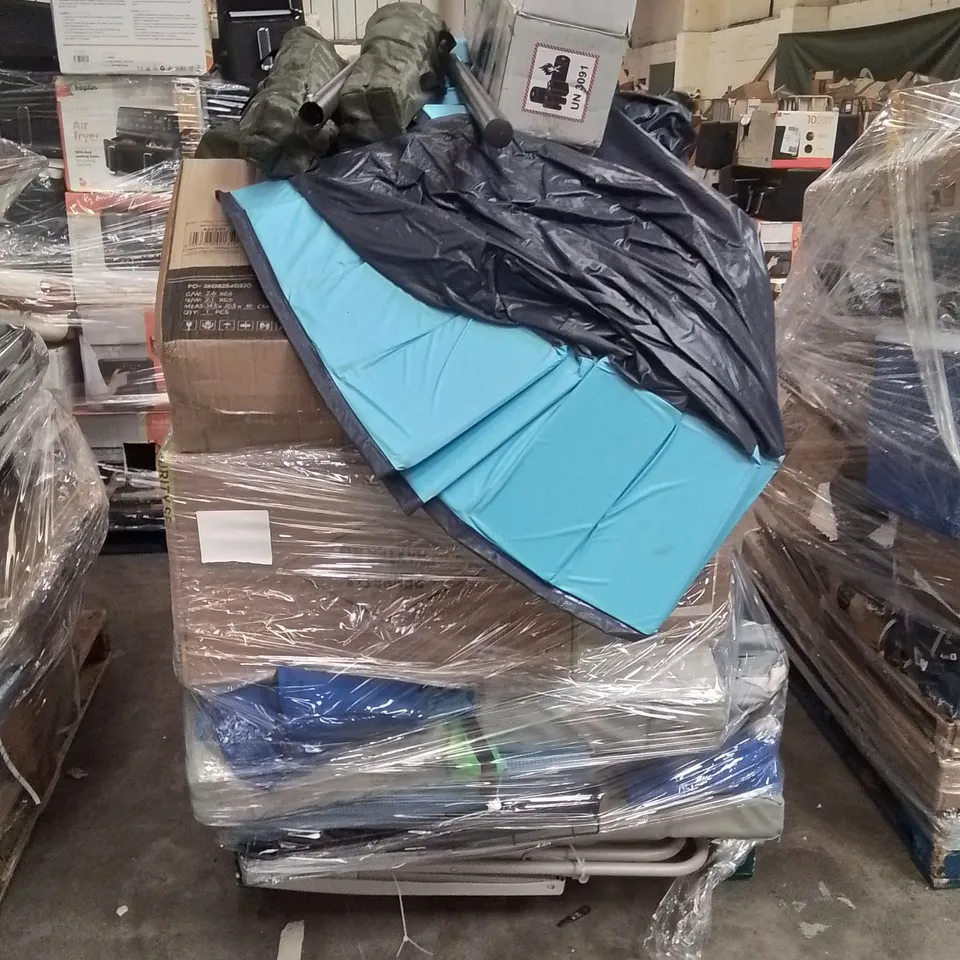 PALLET CONTAINING VARIOUS ELECTRICAL ITEMS AND HOUSEHOLD PRODUCTS TO INCLUDE; SUITCASE,YOGA MATS,PARASOL BASE