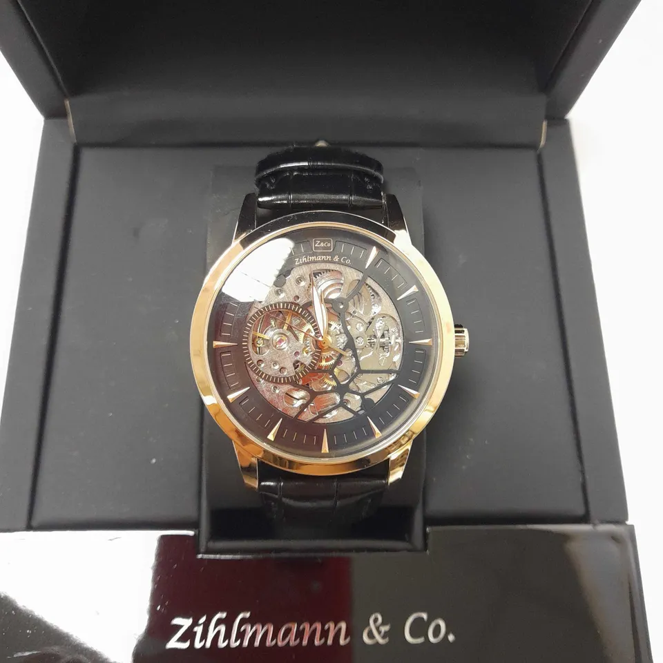 ZIHLMANN & CO SKELETON BLACK LEATHER STRAP WATCH