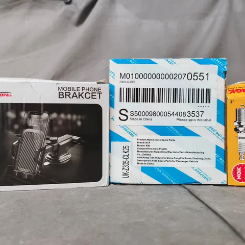 APPROXIMATELY 8 ASSORTED ITEMS TO INCLUDE MOBILE PHONE BRACKET, SPARK PLUG, ETC