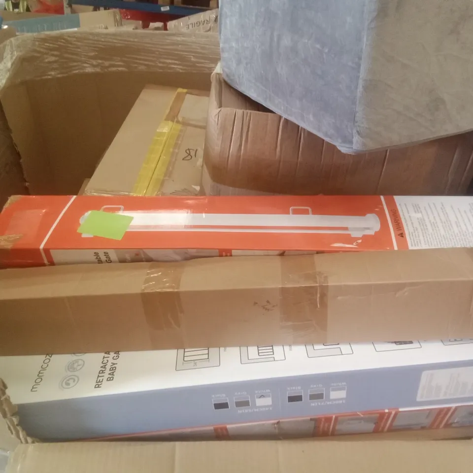 PALLET OF ASSORTED ITEMS INCLUDING AIR COOLER,NEWDAY CEILING FAN, RETRACTABLE SAFETY GATE, LED STRIP LIGHT, CAROTE DEEP FRYING PAN WITH LID, STAINLESS STEEL KITCHEN FAUCET 