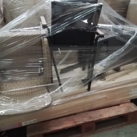 PALLET OF ASSORTED FURNITURE TO INCLUDE;DINING STACKING ARMCHAIRS,X6 KNOTTY PINE DOORS