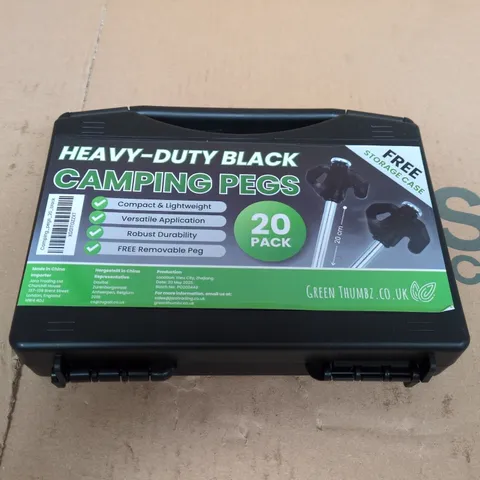 HEAVY-DUTY BLACK CAMPING PEGS - 20 PACK (STORAGE CASE INCLUDED)