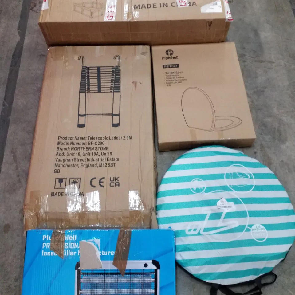 PALLET OF ASSORTED PRODUCTS INCLUDING TELESCOPIC LADDER 2.9M, PLAYPEN, TOILET SEAT, POP UP BEACH TENT, INSECT KILLER