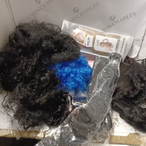 APPROXIMATELY 8 ASSORTED WIGS & HAIR EXTENSIONS IN VARIOUS SIZES, STYLES AND COLOURS