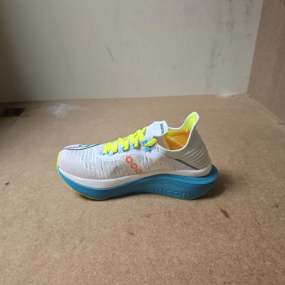 SAUCONY RUNNING SHOES – WHITE/BLUE WITH NEON YELLOW LACES - UK SIZE 6.5 