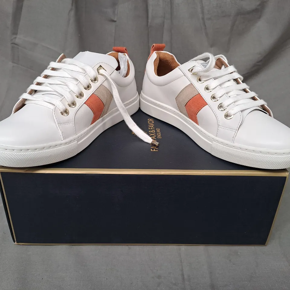 BOXED PAIR OF FAIRFAX & FAVOUR WOMENS ALEXANDRA TRAINERS IN WHITE UK SIZE 6