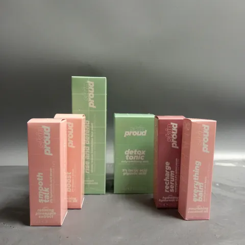 BOXED SET OF 6 I AM PROUD SKINCARE PRODUCTS TO INCLUDE SMJOOTH TALK 2% HYALURONIC ACID SERUM (25ML), EXFOLIATING TONIC (145ML), KOMBUCHA FACE WASH (100ML), ETC.