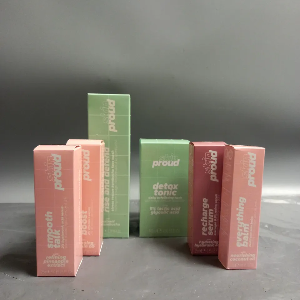 BOXED SET OF 6 I AM PROUD SKINCARE PRODUCTS TO INCLUDE SMJOOTH TALK 2% HYALURONIC ACID SERUM (25ML), EXFOLIATING TONIC (145ML), KOMBUCHA FACE WASH (100ML), ETC.