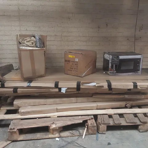 PALLET CONTAINING A LARGE QUANTITY OF ASSORTED ITEMS INCLUDING: CLOTHING, MICROWAVE, FURNITURE PARTS ECT