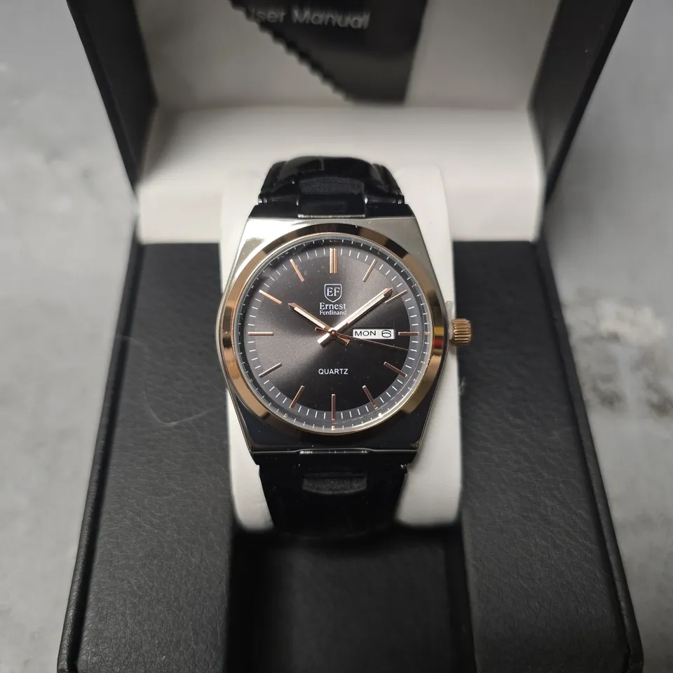 ERNEST FERDINAND WATCH – DAY DATE CALENDAR DIAL – LEATHER STRAP – 3ATM WATER RESISTANT - GIFT BOX