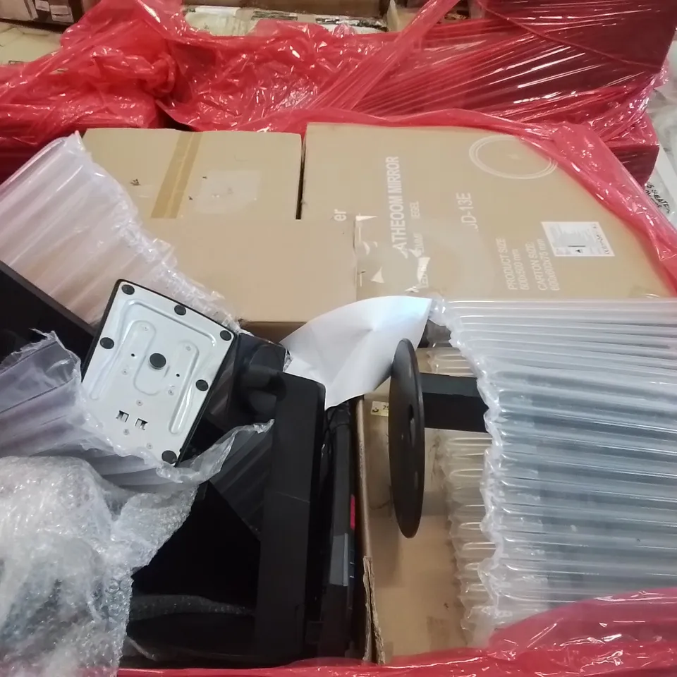 PALLET CONTAINING ASSORTED ITEMS INCLUDING: UNTESTED MONITORS, ELECTRIC WARMING TRAY, AUDIO TURNTABLE, BATHROOM MIRROR ECT