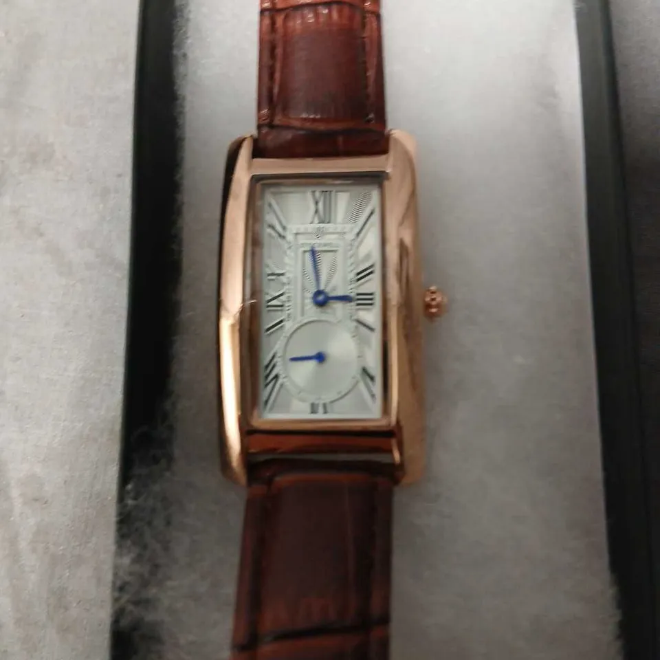 STOCKWELL RECTANGULAR VINTAGE GOLD-TONE WRISTWATCH WITH BROWN LEATHER STRAP