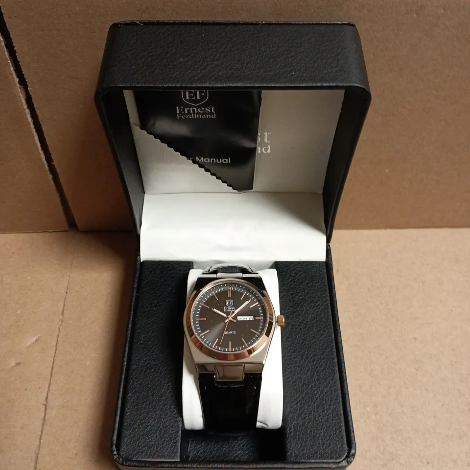 BOXED ERNEST FERDINAND EF QUARTZ WRISTWATCH – BLACK DIAL, LEATHER STRAP