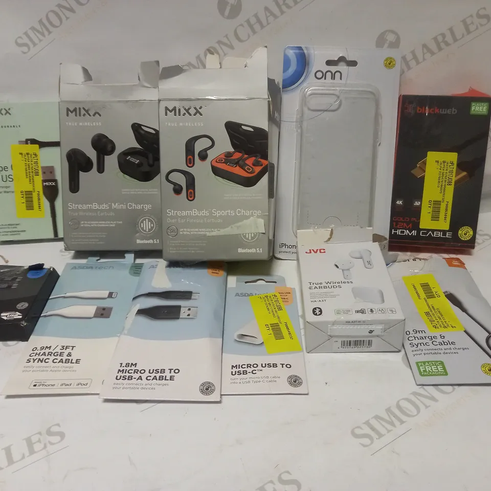 BOX TO CONTAIN APPROX. 25 X ASSORTED ELECTRONIC & TECH PRODUCTS, INCLUDES CHARGING CABLES, EARPHONES, PHONE CASE ETC 