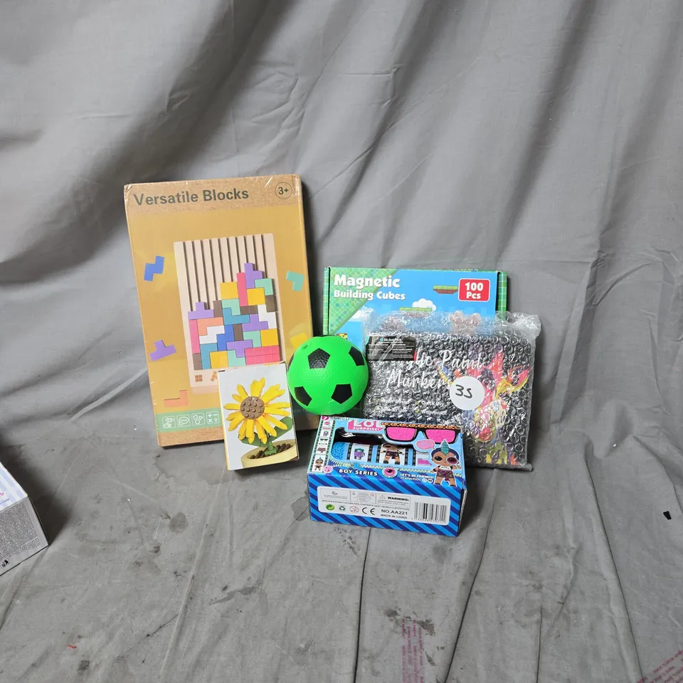 BOX OF APPROXIMATELY 25 ASSORTED TOYS AND GAMES INCLUDING FOOTBALL, MAGNETIC BUILDING CUBES, LOL SUPRPRISE BOY SERIES, ACRYLIC PAINT MARKERS AND VERSATILE BLOCKS PUZZLE