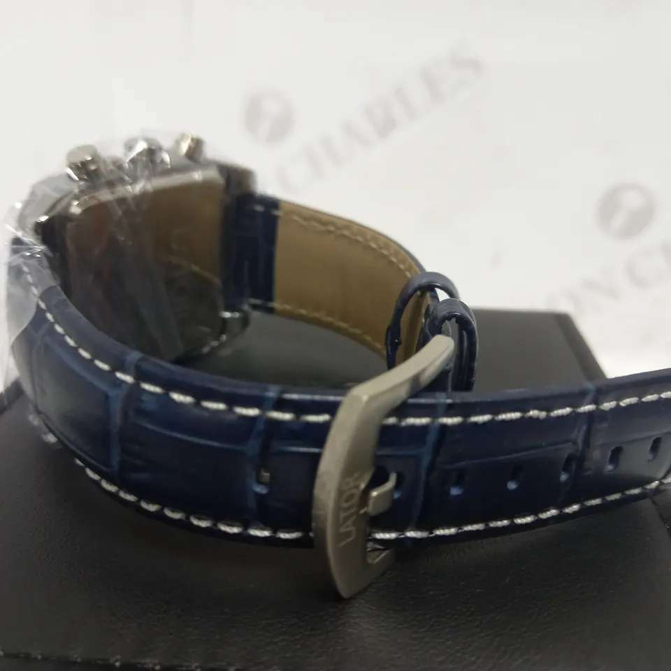LATOR CALIBRE BLUE TRIPLE DIAL LEATHER STRAP WATCH RRP £585