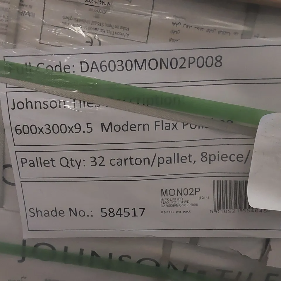 PALLET TO CONTAIN APPROX 32 X PACKS OF JOHNSON TILES MODERN FLAX POLISHED PORCELAIN FLOOR & WALL TILES - 8 TILES PER PACK // TILE SIZE: 600 X 300 X 9.5mm