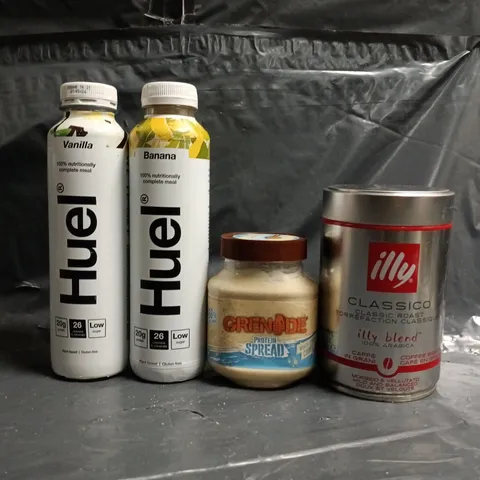 APPROXIMATELY 8 ASSORTED FOOD AND DRINK ITEMS TO INCLUDE HUEL, GRENADE PROTEIN, ETC