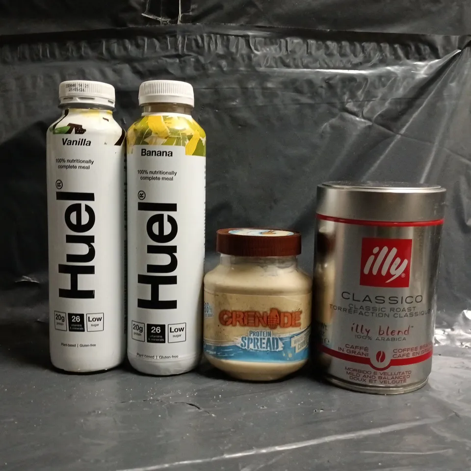 APPROXIMATELY 8 ASSORTED FOOD AND DRINK ITEMS TO INCLUDE HUEL, GRENADE PROTEIN, ETC