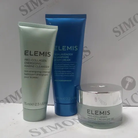 BOX OF 3 ASSORTED ELEMIS PRODUCTS TO INCLUDE PRO-COLLAGEN MARINE CLEANSER, SEA LAVENDER/SAMPHIRE BODY CREAM, PRO-COLLAGEN MARINE CREAM, ETC