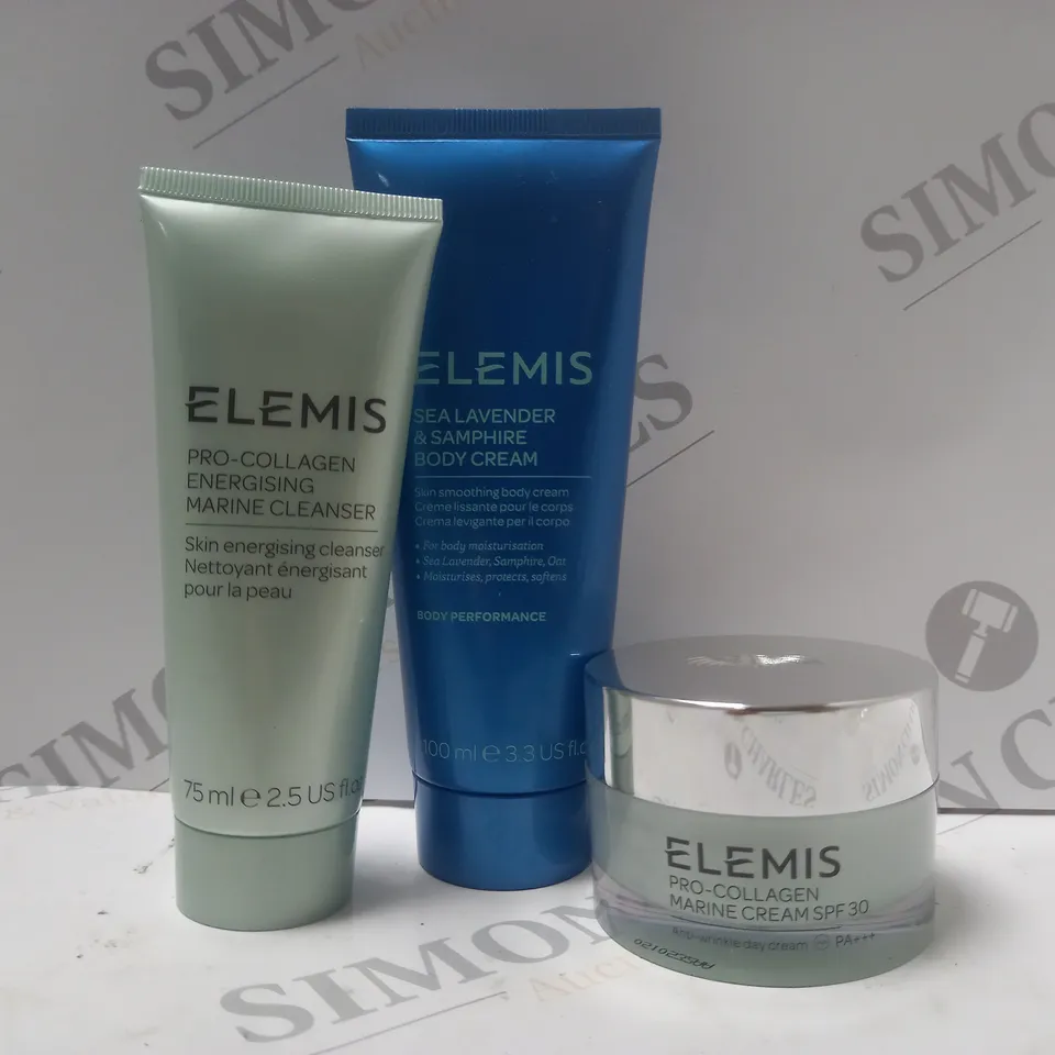 BOX OF 3 ASSORTED ELEMIS PRODUCTS TO INCLUDE PRO-COLLAGEN MARINE CLEANSER, SEA LAVENDER/SAMPHIRE BODY CREAM, PRO-COLLAGEN MARINE CREAM, ETC 