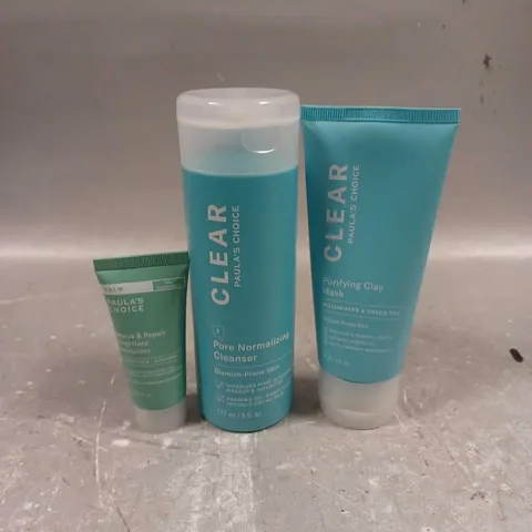 PAULA'S CHOICE LOT OF 3 ASSORTED SKINCARE PRODUCTS TO INCLUDE - PURIFYING CLAY MASK - PORE NORMALIZING CLEANSER - RESCUE & REPAIR WEIGHTLESS MOISTURIZER