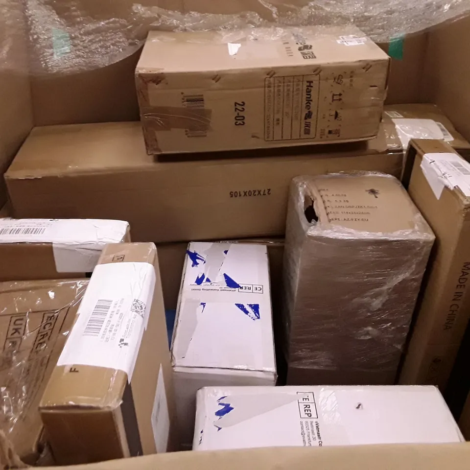 PALLET OF ASSORTED PRODUCTS INCLUDING KNITTING MACHINE, MULTIFUNCTIONAL FOOD PROCESSOR, CHRISTMAS BAUBLE ORNAMENTS, ARTIFICIAL PLANTS, CLOTHES RACK WITH SHOE STORAGE